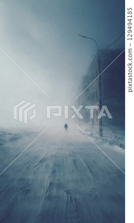 Blizzard empty street heavy snow strong wind winter urban cold lonely 129494185