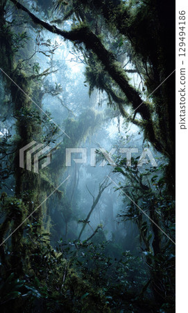 Misty cloud forest, high altitude, lush green foliage, dense trees, tranquil atmosphere 129494186