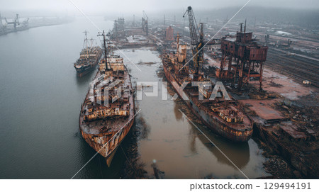 Abandoned shipyard rusted ships old cranes murky water industrial decay foggy atmosphere 129494191