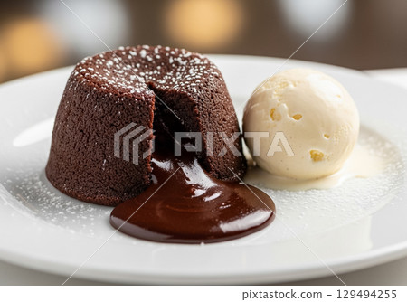Molten Chocolate Lava Cake with Vanilla Ice Cream 129494255