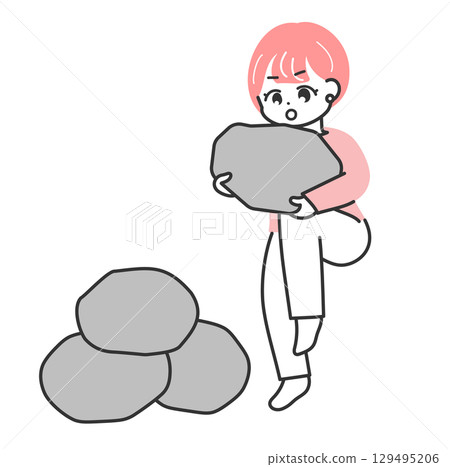一名婦女堆放石頭的插圖 129495206