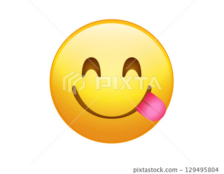 Yellow smiley, tasting food face flat icon with tongue out Yellow smiley, tasting food face flat icon with tongue out 129495804