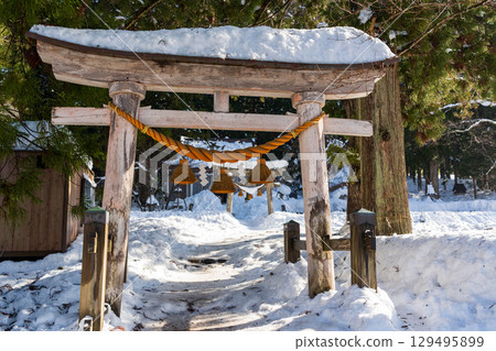 Snow-covered Shirakawa Hachiman Shrine and its torii gate Snow-covered Shirakawa Hachiman Shrine and its torii gate 129495899