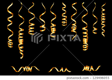 Golden serpentine ribbons set decoration isolated on white background. Decoration for banner, card, birthday, holiday, christmas, party, new year, carnival, wedding. Vector illustration. 129496055