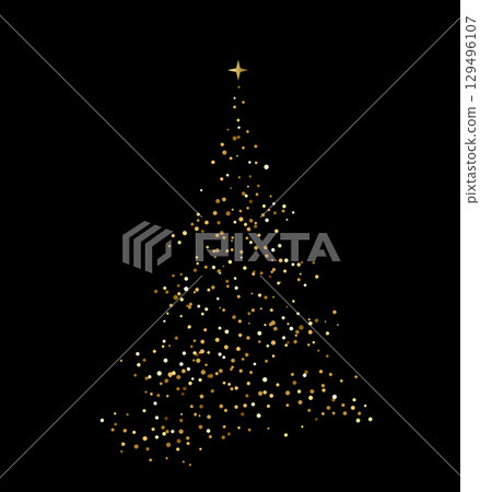 Gold Glitter Christmas tree with star on black background. Abstract Shiny Christmas Lights. Holiday Symbol. Seasons decorative design elements. Vector Illustration Gold Glitter Christmas tree with star on black background. Abstract Shiny Christmas Lights. Holiday Symbol. Seasons decorative design elements. Vector Illustration 129496107