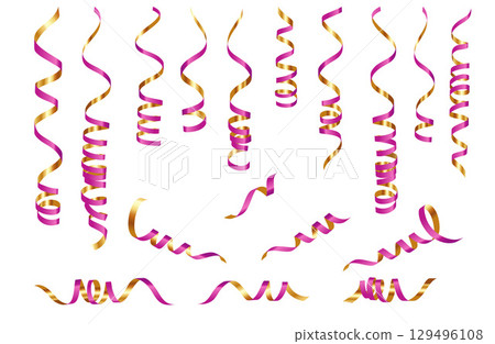 Gold Pink Metallic Spiral Ribbon Confetti. Gold foil Streamer. Golden serpentine ribbons set isolated on white background. Festive Carnival Holiday Party Decoration. Gold Pink Metallic Spiral Ribbon Confetti. Gold foil Streamer. Golden serpentine ribbons set isolated on white background. Festive Carnival Holiday Party Decoration. 129496108