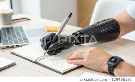 bionic prosthetic arm performing precise writing on notebook at modern workspace 129496185