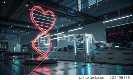 glowing DNA strand forming heart shape in futuristic laboratory 129496186