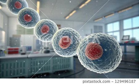 Cell division process in laboratory setting, showing multiple stages of mitosis 129496187