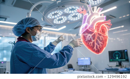 surgeon interacts with holographic 3D heart projection in high tech operating room 129496192