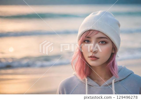 A pink-haired woman standing on the beach at sunset 129496278