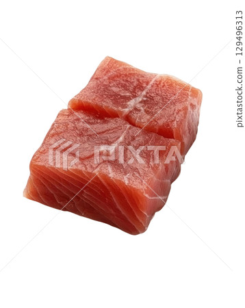 Fresh raw tuna fish cubes isolated on transparency background 129496313