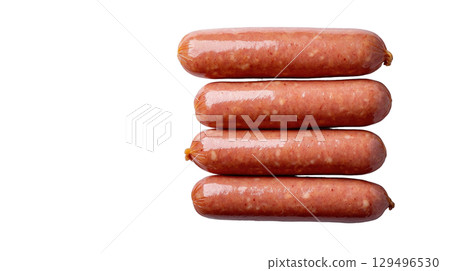 Raw sausages stacked in row on transparency background, isolated and uncooked Raw sausages stacked in row on transparency background, isolated and uncooked 129496530