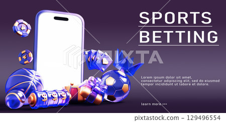 Online sports betting in mobile app 3d banner. Smartphone screen mockup with glass hologram soccer ball, crown, gold gift box, casino slot machine, neon chips, play cards on purple bg. 3D illustration 129496554