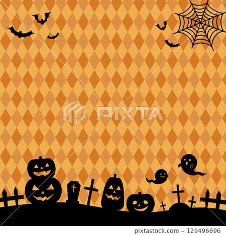 可愛的萬聖節背景插圖，有南瓜、墳墓和蝙蝠的輪廓 129496696