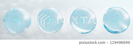 Clear liquid gel cosmetic spheres with bubbles 3d render icon set. Light blue water drops, jelly cream texture, retinol or serum with collagen and hyaluronic acid for beauty skin care. 3D illustration 129496699