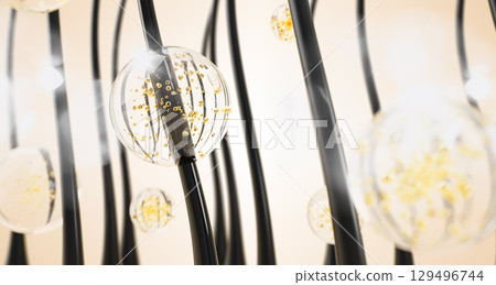 Hair with clear serum drops and gold oil bubbles. Beauty care 3d background. Liquid cosmetic spheres, biotin vitamin, keratin mask, collagen shampoo for treatment, repair, growth hair. 3D illustration 129496744