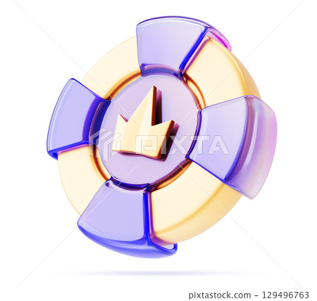 3d glass holographic casino chip icon - neon poker token with gold crown on white bg. Vip gambling currency with purple yellow stripes. Betting coin for roulette, blackjack, card game. 3D illustration 129496763
