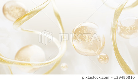 Gold liquid skincare background. Oil drops texture with bubbles, waves and splashes. Yellow transparent serum, collagen gel, essential droplets. 3d render honey, syrup or juice blobs. 3D illustration 129496810