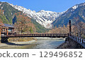 Natural landscape photo with wooden house, bridge, river, snow mountain in Nagoya Japan 129496852