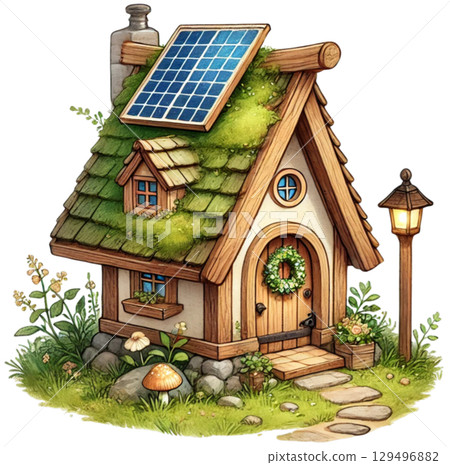 gnome house with a solar panel on the roof 129496882