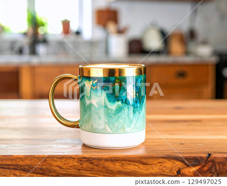 Unique glazed handmade ceramic mug, adding craft and creativity to a rustic kitchen 129497025