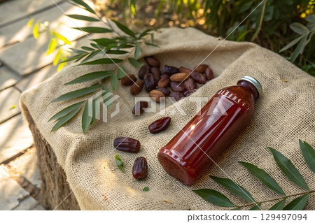 Glass Bottle with Organic Date Syrup and Fresh Dates on Natural Fabric in Outdoor Setting 129497094