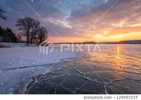 Sunset Over Frozen Lake with Ice Cracks and Snowflakes in a Serene Winter Landscape 129497237