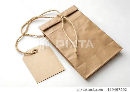 Brown Paper Bag with Tag on White Background for Packaging and Gift Purposes 129497292