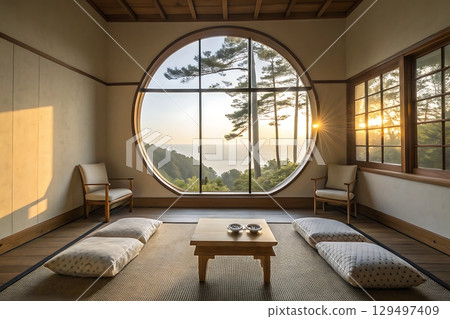 Serene Japanese Interior Design with Circle Window Overlooking Natural Landscape at Sunset 129497409