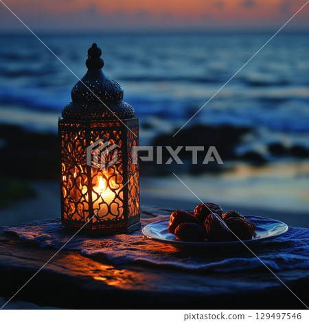 Decorative Lantern with Glowing Light and Plate of Dates at Twilight by the Sea Shore 129497546