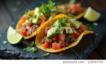 Colorful street tacos with fresh toppings 129497702