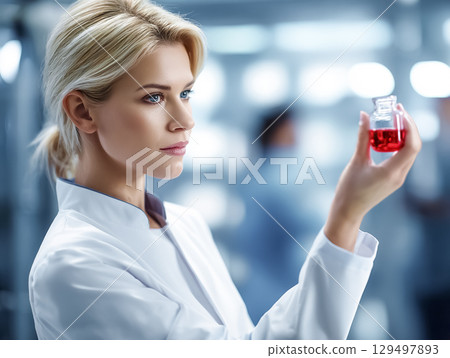 Image of a scientist holding a test tube containing artificial blood 129497893