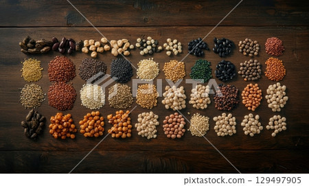 Assorted Variety of Dried Legumes and Seeds on Rustic Wooden Surface for Culinary and Healthy Cooking Inspiration Assorted Variety of Dried Legumes and Seeds on Rustic Wooden Surface for Culinary and Healthy Cooking Inspiration 129497905
