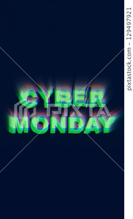 Glitchy Cyber Monday Text in Neon Green and Blue on Dark Background 129497921