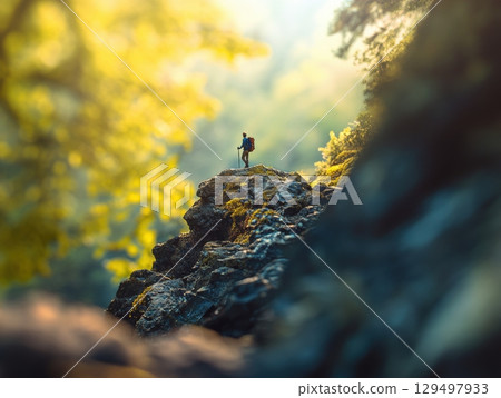 Hiker Standing on Rocky Cliff Surrounded by Lush Green Trees in a Misty Forest Landscape Hiker Standing on Rocky Cliff Surrounded by Lush Green Trees in a Misty Forest Landscape 129497933