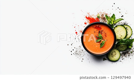 Fresh Tomato Soup in Bowl with Cucumber Slices and Basil Leaves on White Background for Health Food Concept Fresh Tomato Soup in Bowl with Cucumber Slices and Basil Leaves on White Background for Health Food Concept 129497940