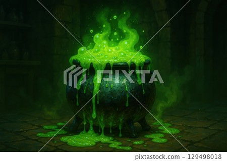 Gooey neon green potion overflowing from iron cauldron in medieval alchemy chamber, creating mystical atmosphere with glistening slime textures 129498018