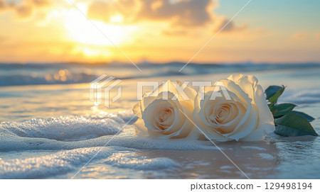 Serene White Roses on Sandy Beach with Gentle Waves and Golden Sunset in the Background 129498194
