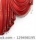 Elegant Red Fabric with Intricate Gold Embroidery Draped in Luxurious Arrangement on White Background Elegant Red Fabric with Intricate Gold Embroidery Draped in Luxurious Arrangement on White Background 129498195