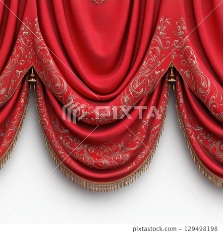 Luxurious Red Drapes with Golden Floral Patterns and Elegant Tassels for Home Decor and Event Settings Luxurious Red Drapes with Golden Floral Patterns and Elegant Tassels for Home Decor and Event Settings 129498198