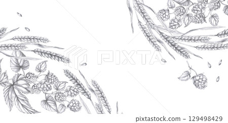 Rectangular frame with ears of wheat and branches of hops. Isolated pencil illustration in realistic style for bar design, wine list, interior design, printing on advertising brochures, labels. Rectangular frame with ears of wheat and branches of hops. Isolated pencil illustration in realistic style for bar design, wine list, interior design, printing on advertising brochures, labels. 129498429