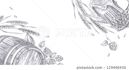 Rectangular frame with ears of wheat, a keg of beer and a glass. Isolated pencil illustration in a realistic style for bar design, wine list, interior design, printing on advertising brochures. Rectangular frame with ears of wheat, a keg of beer and a glass. Isolated pencil illustration in a realistic style for bar design, wine list, interior design, printing on advertising brochures. 129498430