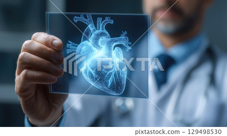 A doctor holds a glowing heart holographic in their hands. The concept of advanced medical technology, cardiology innovation, and digital healthcare solutions. Generative AI. A doctor holds a glowing heart holographic in their hands. The concept of advanced medical technology, cardiology innovation, and digital healthcare solutions. Generative AI. 129498530
