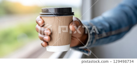 Small business owner holding disposable coffee cup near window showing relaxed moment in casual setting Small business owner holding disposable coffee cup near window showing relaxed moment in casual setting 129498734