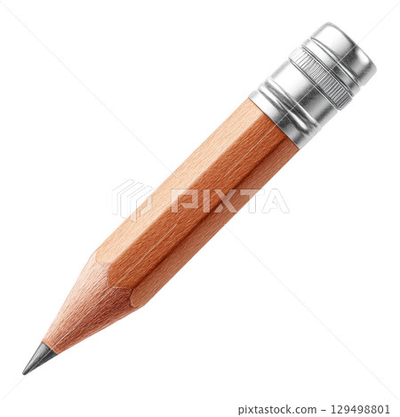 Short wooden pencil with silver eraser cap is shown in detailed watercolor style capturing its texture and shine Short wooden pencil with silver eraser cap is shown in detailed watercolor style capturing its texture and shine 129498801