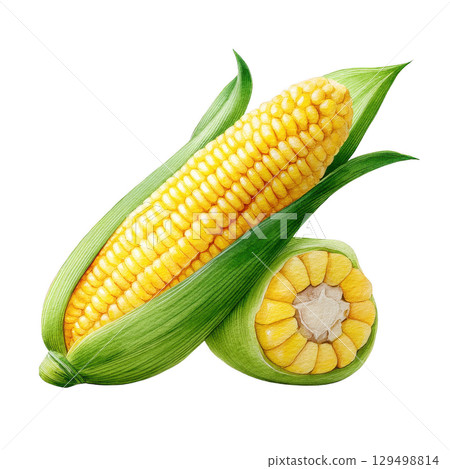Bright yellow corn with green husk painted in watercolor style showing fresh vegetable and natural food 129498814