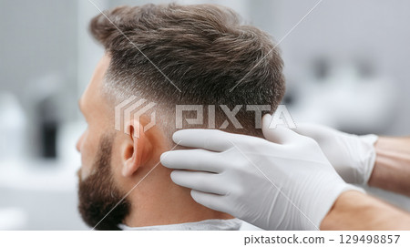 Man with fresh haircut is getting precise hair trim at beauty salon where skilled hands wearing gloves ensure clean and stylish look with care and professionalism 129498857