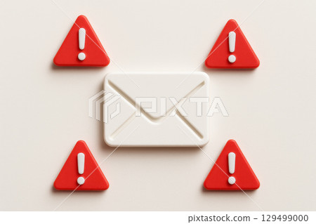 Cyber threat phishing attack email security spam online fraud cybersecurity risk digital threat concept with white envelope and red warning signs on beige background 129499000
