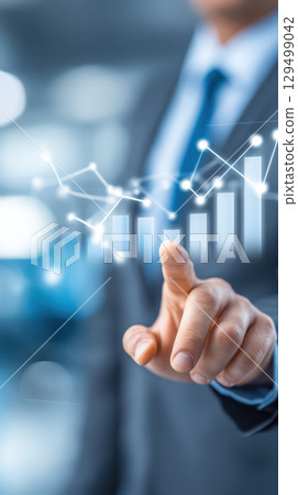 Stock market graph with hand pointing at rising bar chart and glowing data points showing financial growth and analysis in business environment 129499042